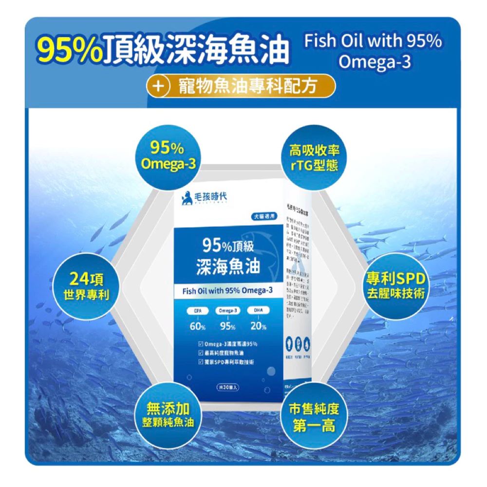 含95%歐米茄-3的魚油補充品，適用於狗