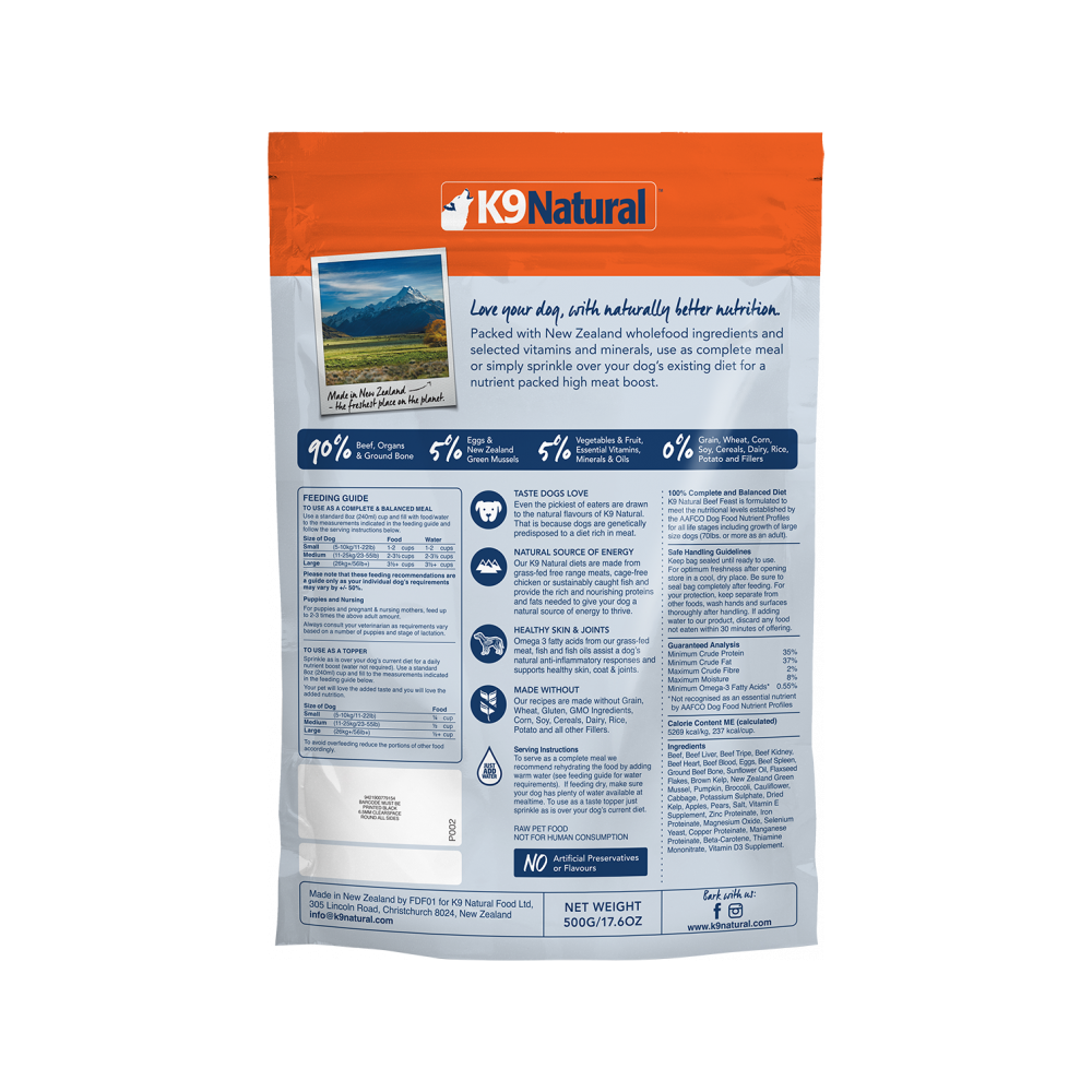 K9 Natural - All Life Stages Freeze Dried Beef Feast Complete Dog Dry Food 