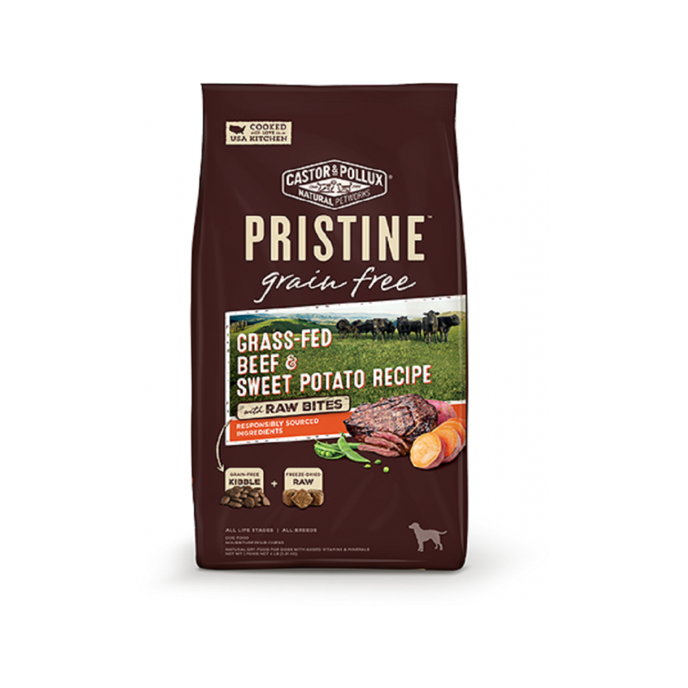 Castor & Pollux - PRISTINE Adult Grain Free Dog Dry Food with Raw Bites - Grass - Fed Beef & Sweet Potato 10 lb